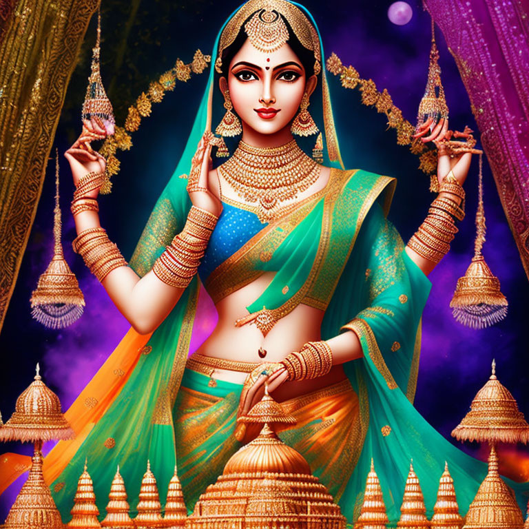 Traditional Indian Attire Illustration with Elaborate Jewelry and Vibrant Backdrop