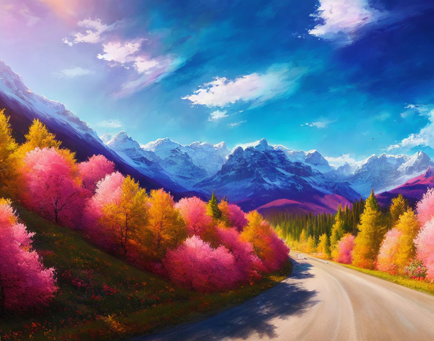 Scenic landscape with pink trees, snowy mountains, and surreal sky