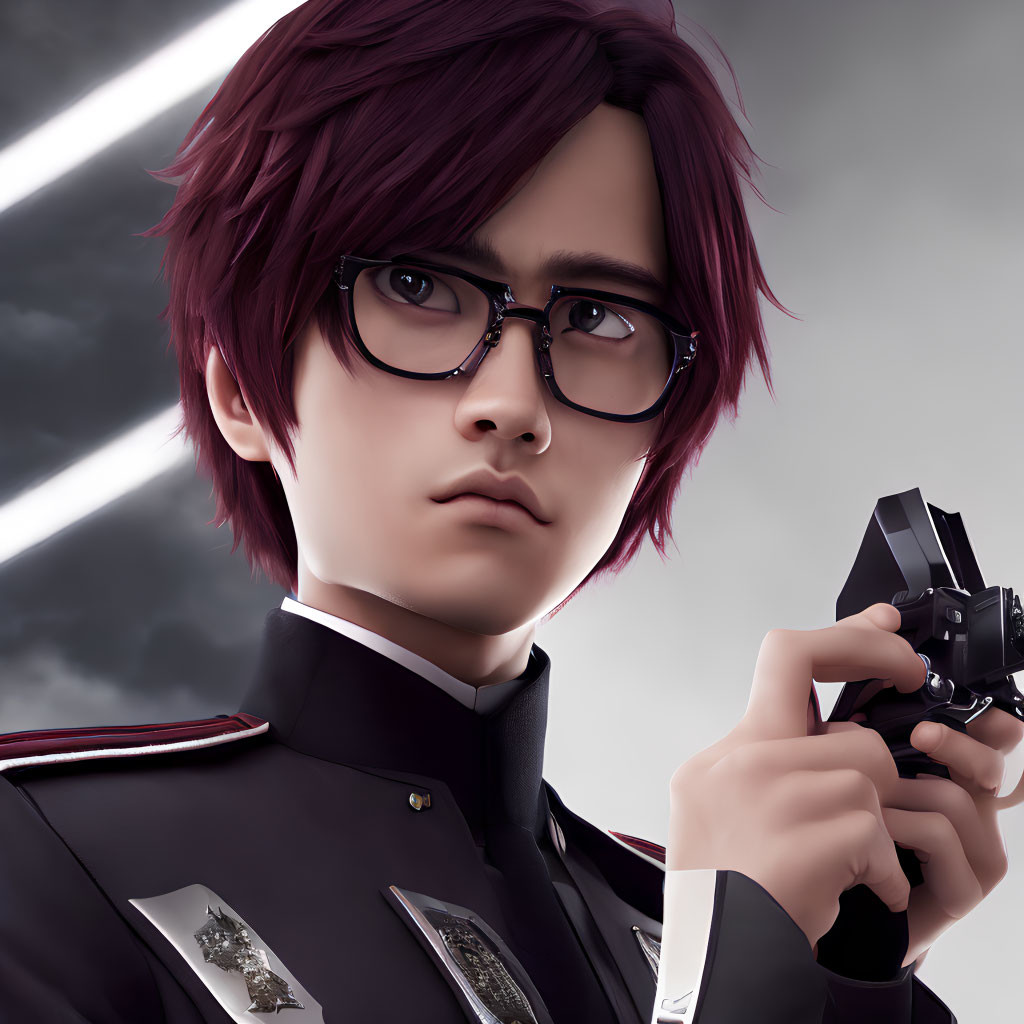 Purple-haired male character in military uniform with gun and glasses in 3D animation