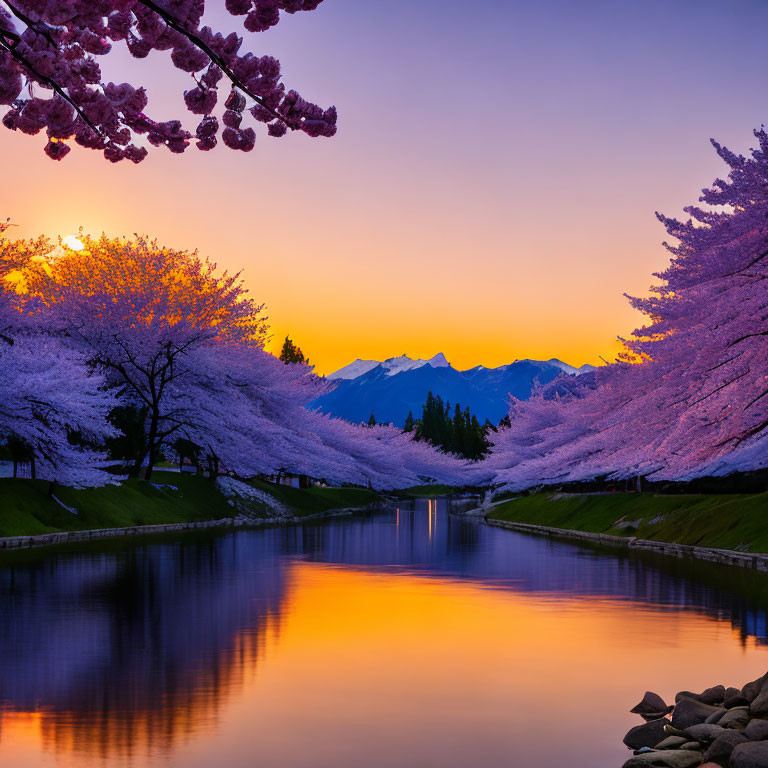 Serene river at sunset with blooming cherry blossoms and distant mountains