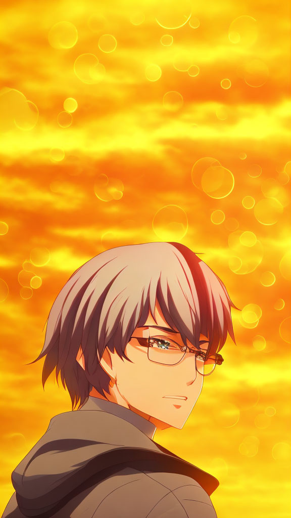 Anime character with red and silver hair and glasses on golden bokeh backdrop