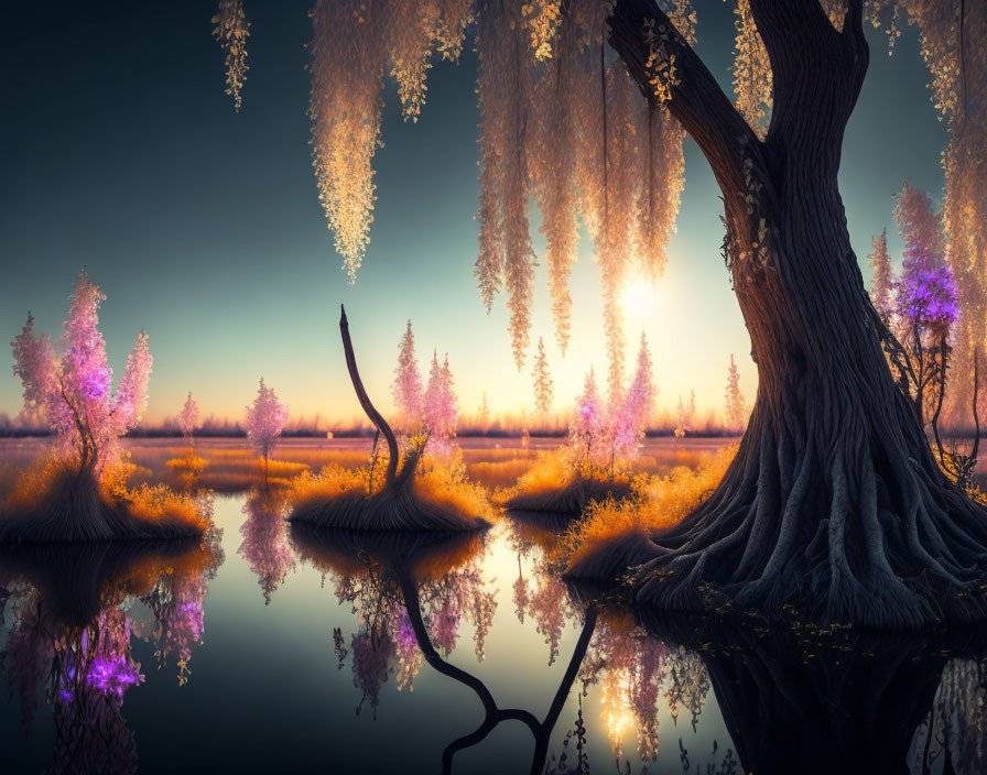 Mystical swamp with prominent tree and illuminated foliage