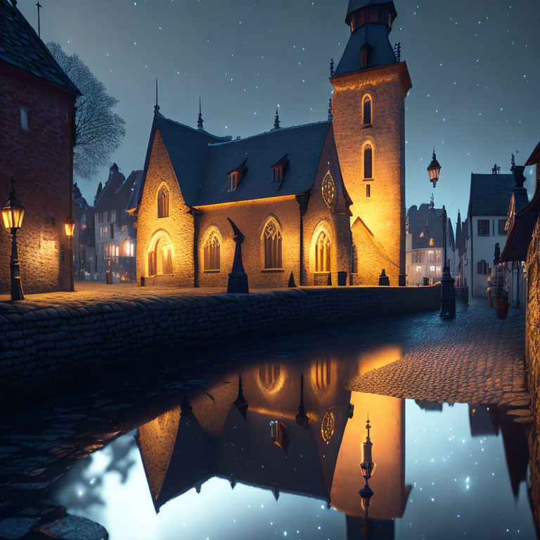 Medieval Village Night Scene with Cobblestone Streets and Illuminated Buildings