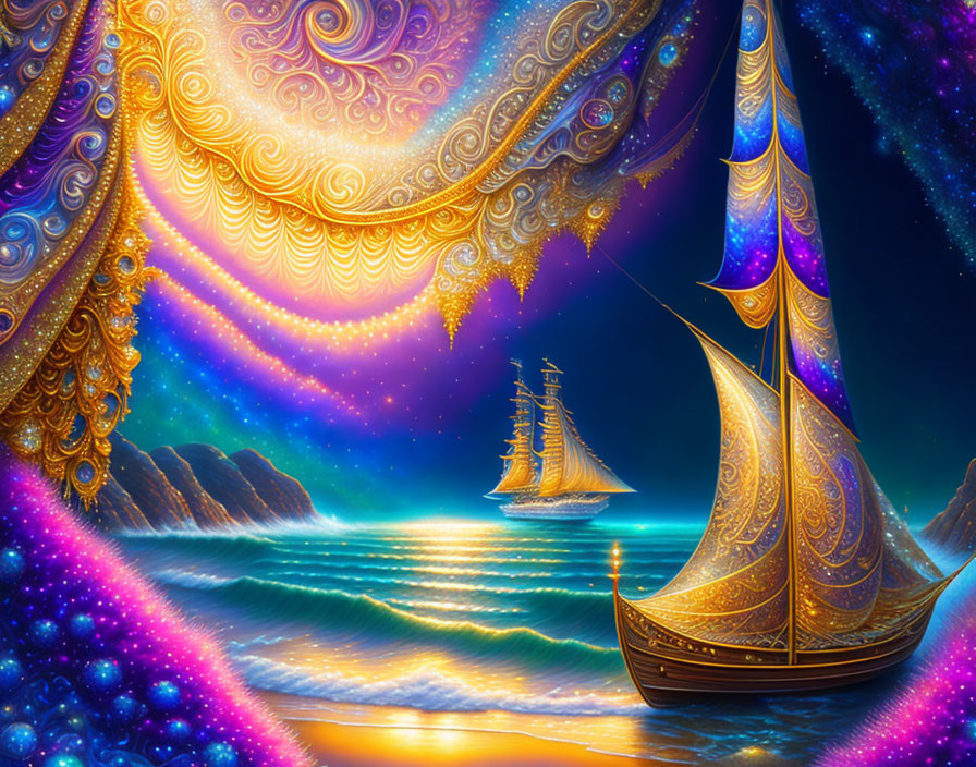 Fantastical seascape with two golden ships under starry sky