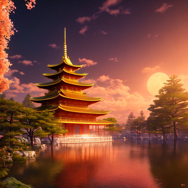 Five-tiered Pagoda by Tranquil Lake at Sunset with Full Moon