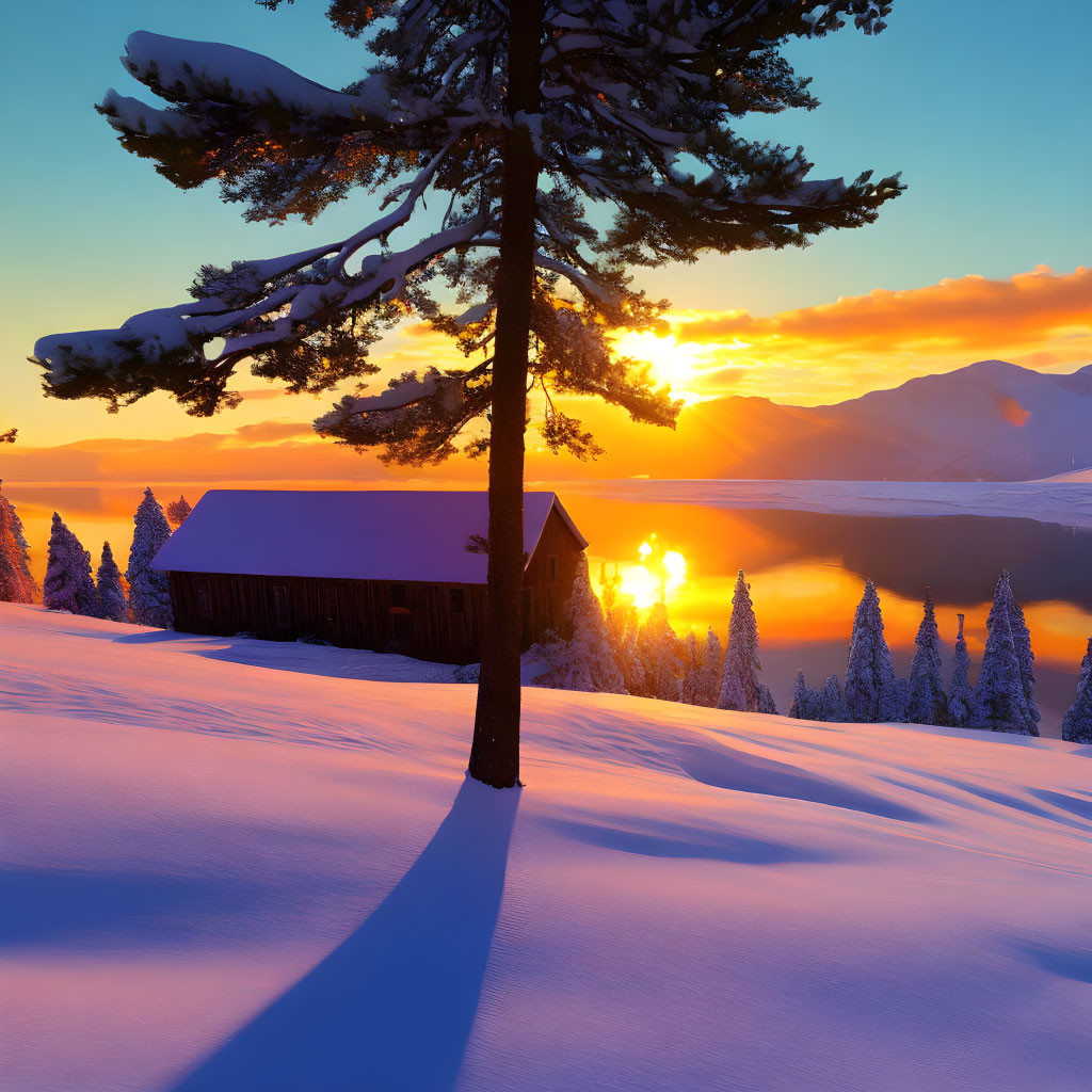 Snowy Landscape with Wooden Cabin and Sunrise Over Mountains