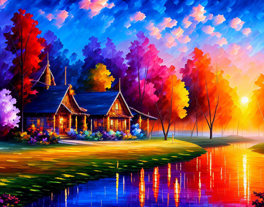 Colorful sunset painting of cottages by river with vibrant trees and reflections