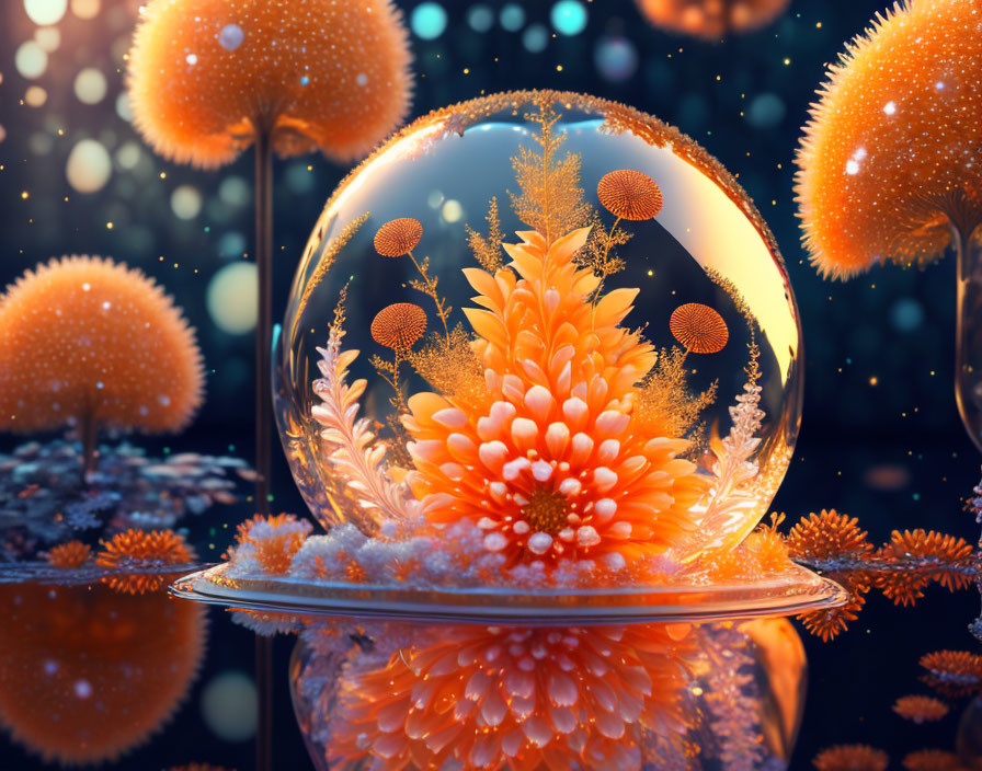 Vivid surreal image: orange flora in crystal ball, twilight sky, bokeh.