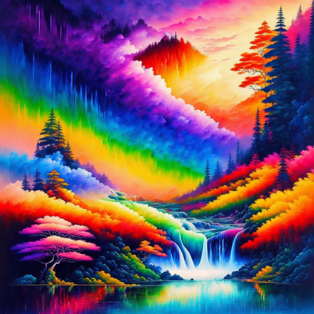 Colorful Landscape Painting with Waterfall, Rainbow Skies, and Foliage