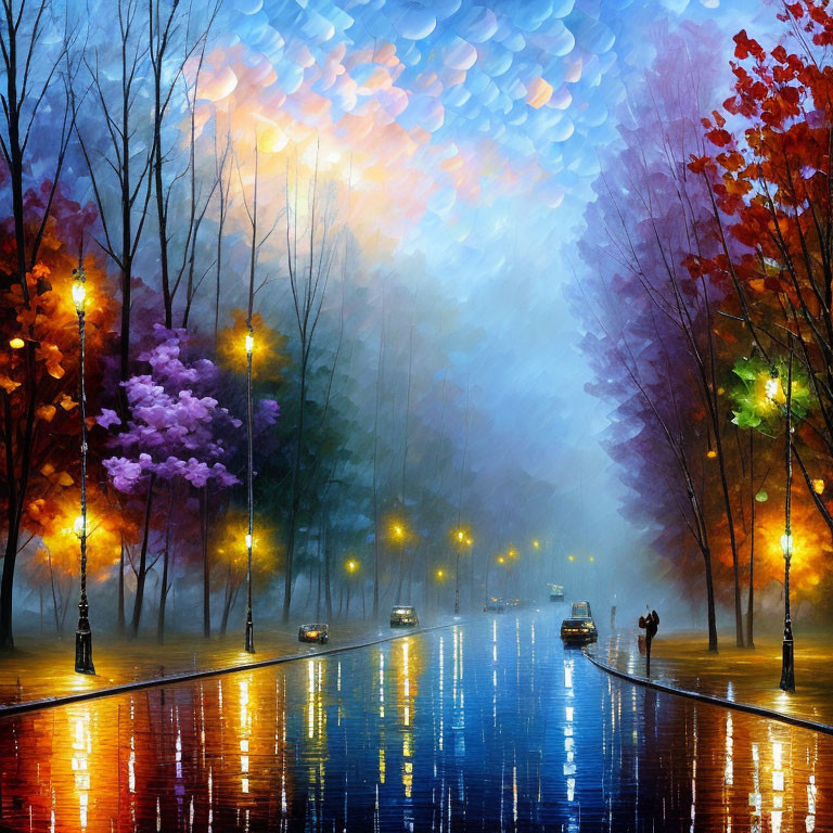 Twilight scene of rain-soaked street with autumn trees and vintage street lamps