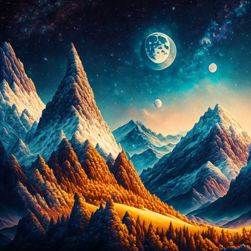 Surreal landscape with snow-capped mountains, autumnal forest valley, starry sky, oversized