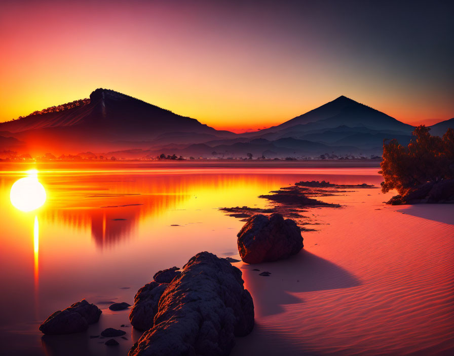 Scenic sunset over calm lake with mountains and rocks