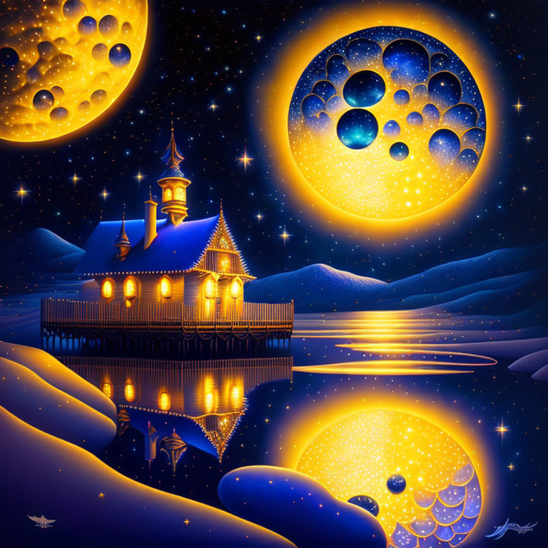 Fantastical night scene with two cheese-like moons, wooden house on stilts, snowy landscape,