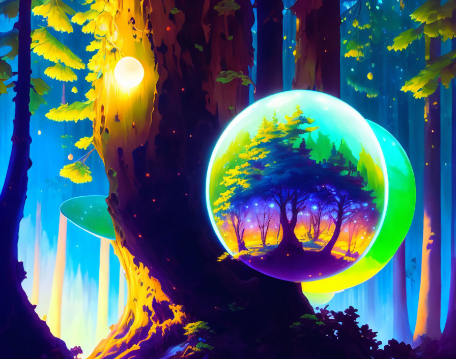 Colorful Digital Artwork: Luminescent Forest and Floating Orb