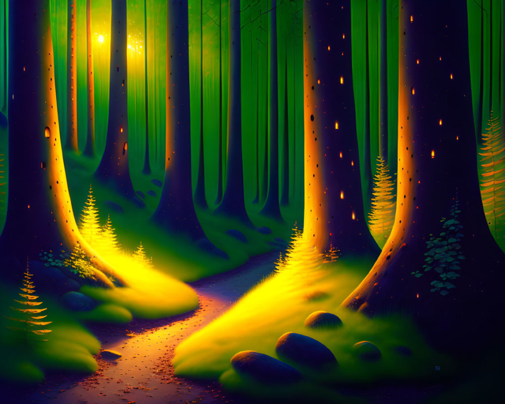 Sunlit Forest Glade with Magical Glow and Floating Specks