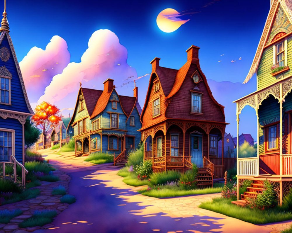 Whimsical village street illustration at dusk