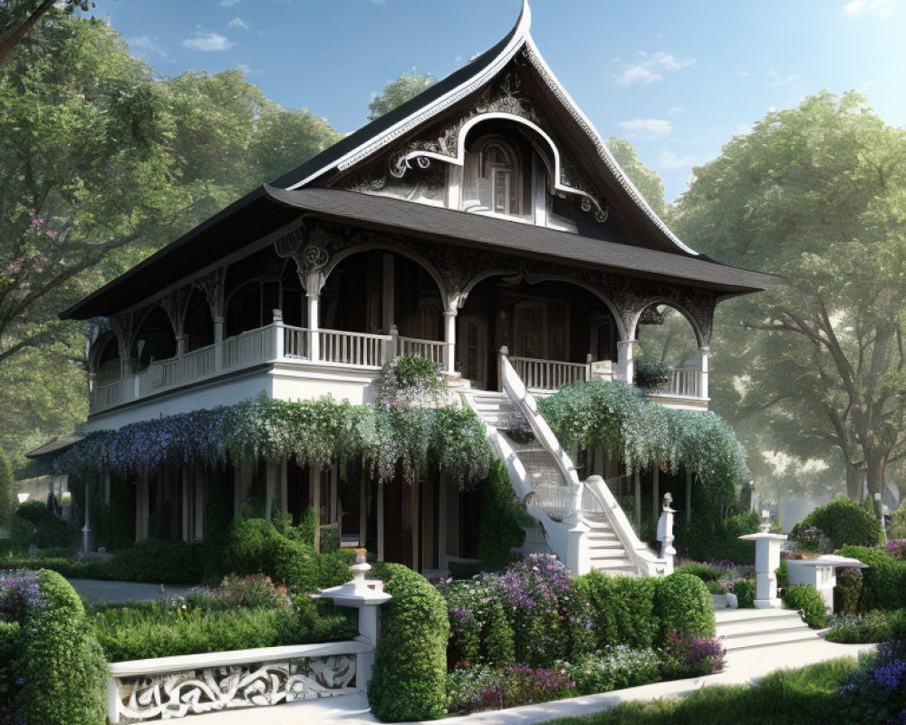 Victorian-style house with lush gardens, ornate woodwork, wraparound balconies