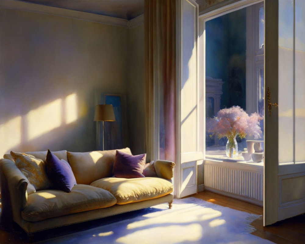 Sunlit living room with plush sofa, pillows, lamp, window view, and blooming flowers in