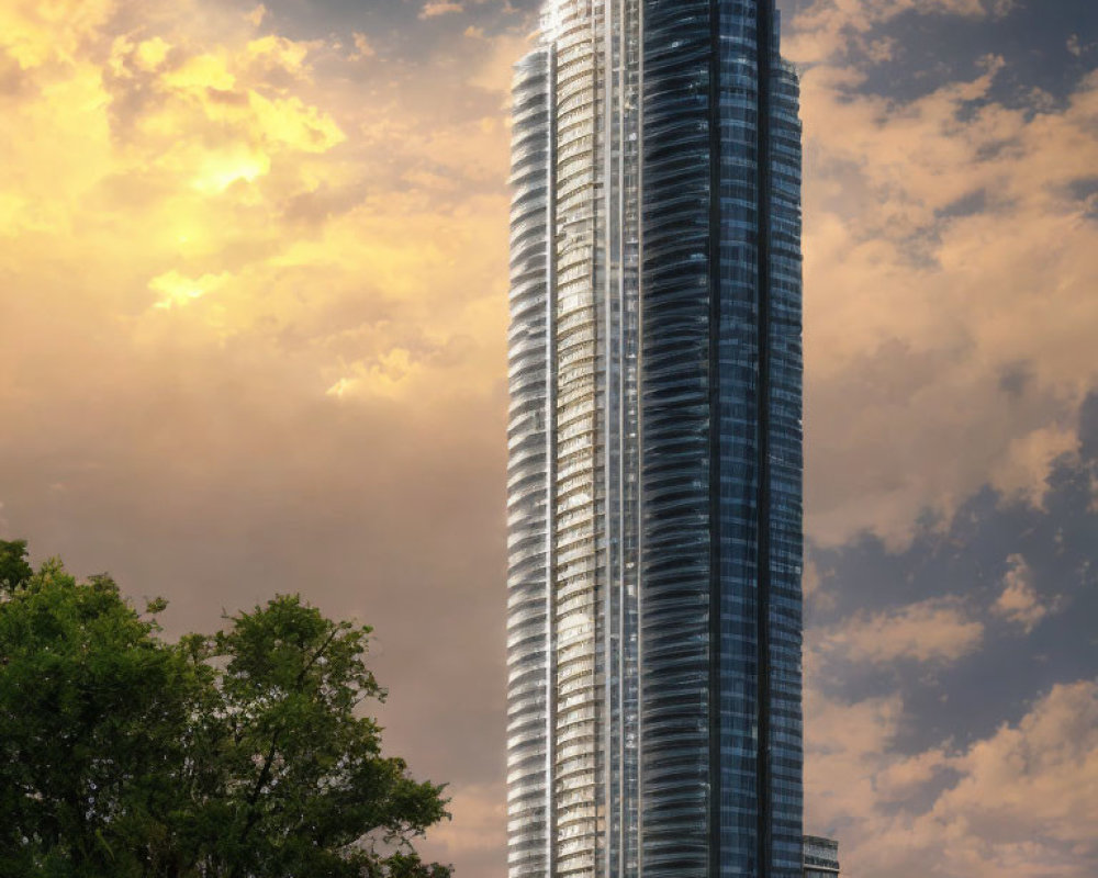 Tall skyscraper with reflective glass facade against sunset backdrop