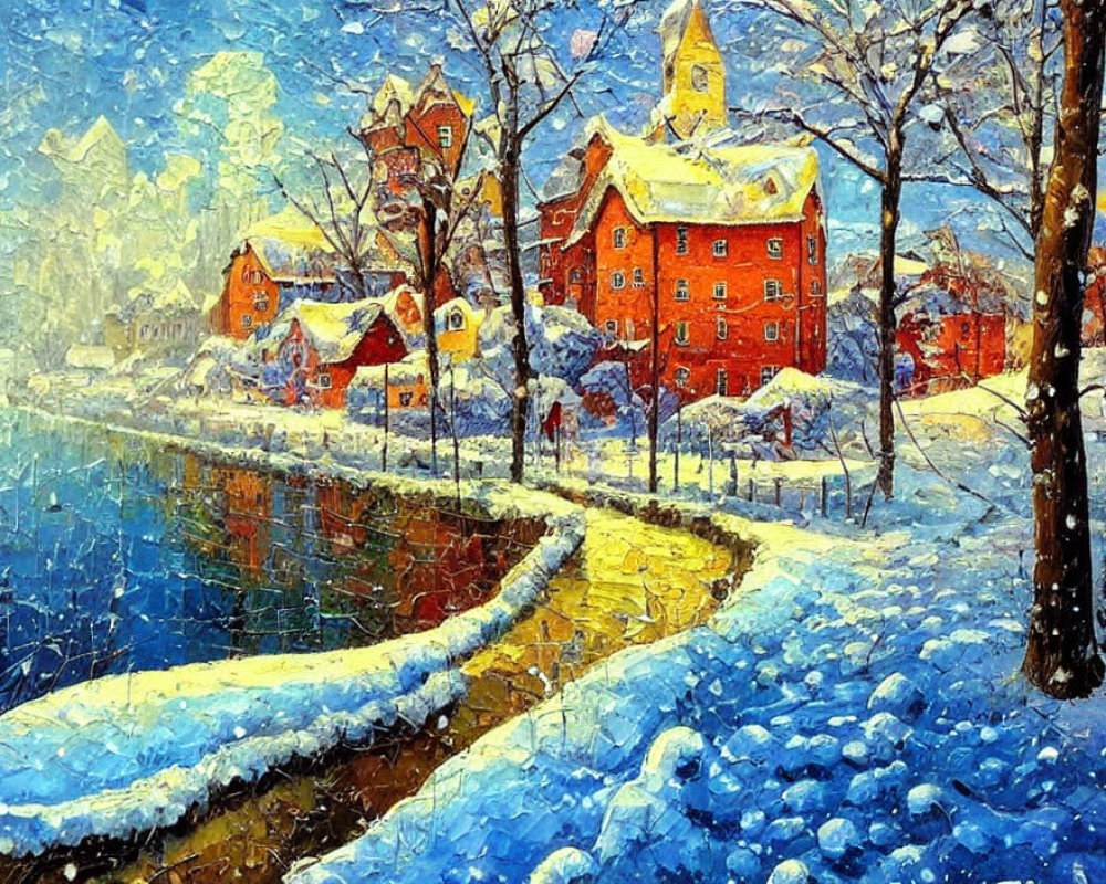 Snowy village scene with colorful houses and river in winter light and shadows.