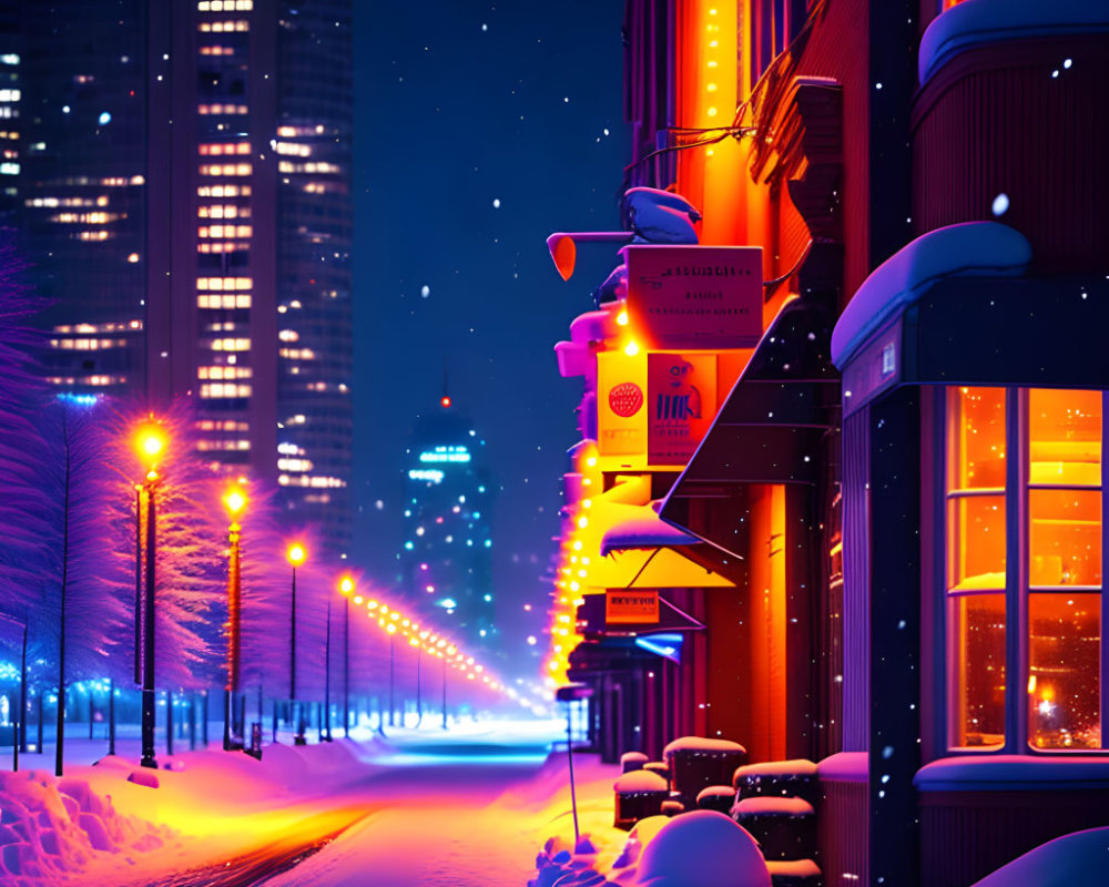 Snowy city street at night with vibrant neon lights and warm storefronts