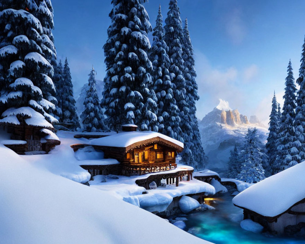 Snowy Landscape: Cozy Cabin, Pine Trees, Blue Stream, Dusk Sky