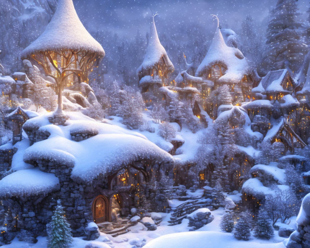 Snowy village with whimsical houses and glowing windows in twilight sky