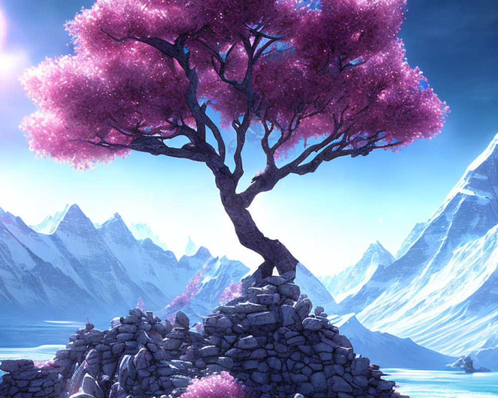 Pink cherry blossom tree on rocky islet in serene mountain landscape