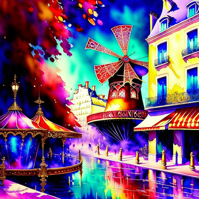 Whimsical street illustration with windmill, carousel, and festive lights