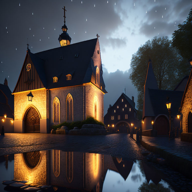 Medieval church and buildings at night with wet cobblestone street under starry sky