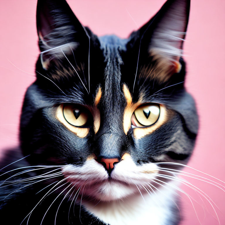 Calico Cat with Yellow Eyes and Colorful Fur on Pink Background