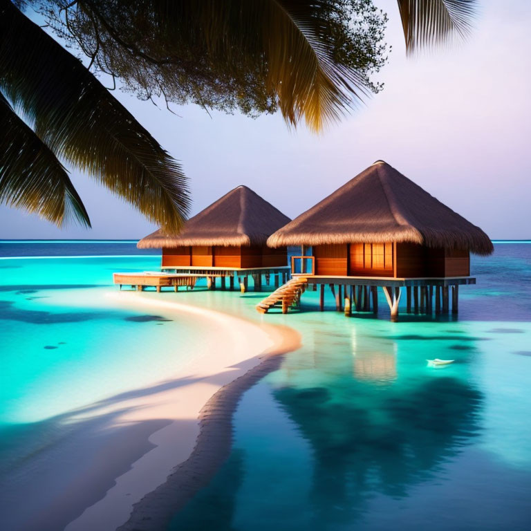 Thatched Roof Overwater Bungalows on Turquoise Sea Beach at Twilight