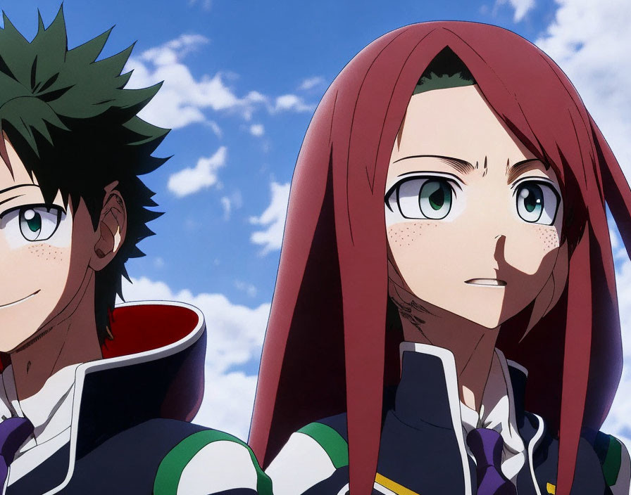 Anime characters: Boy with messy green hair, girl with straight red hair and freckles against clear