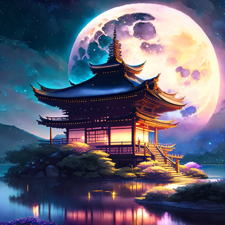 Traditional Asian pagoda by serene lake under large moon and starry sky