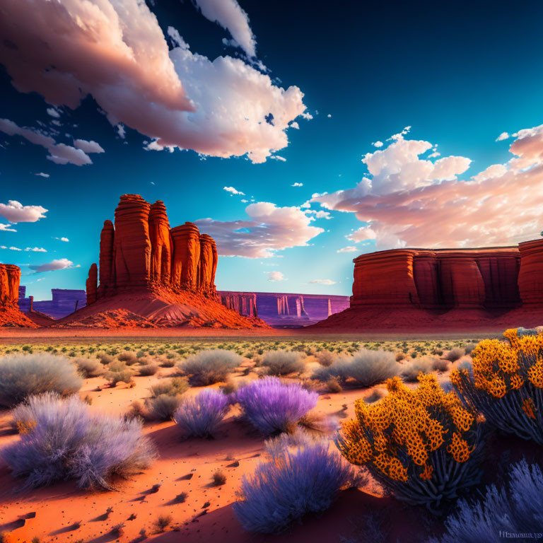 Vivid Landscape with Red Rock Formations and Desert Flora