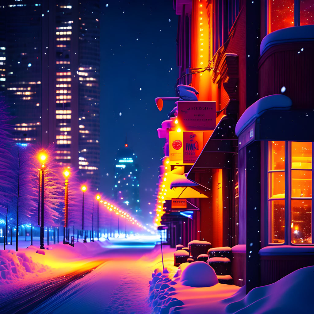 Snowy city street at night with vibrant neon lights and warm storefronts