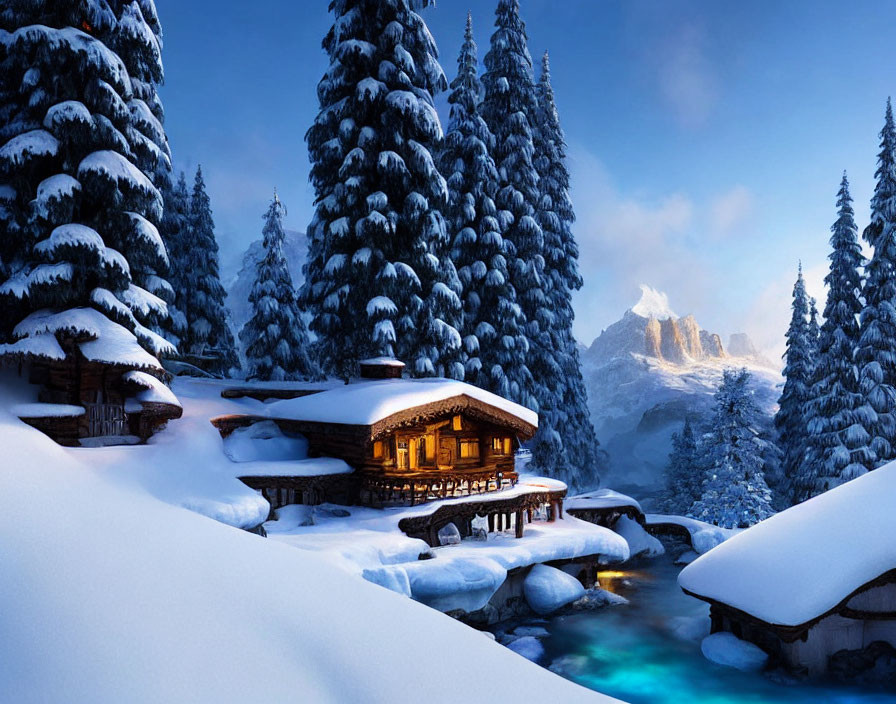 Snowy Landscape: Cozy Cabin, Pine Trees, Blue Stream, Dusk Sky