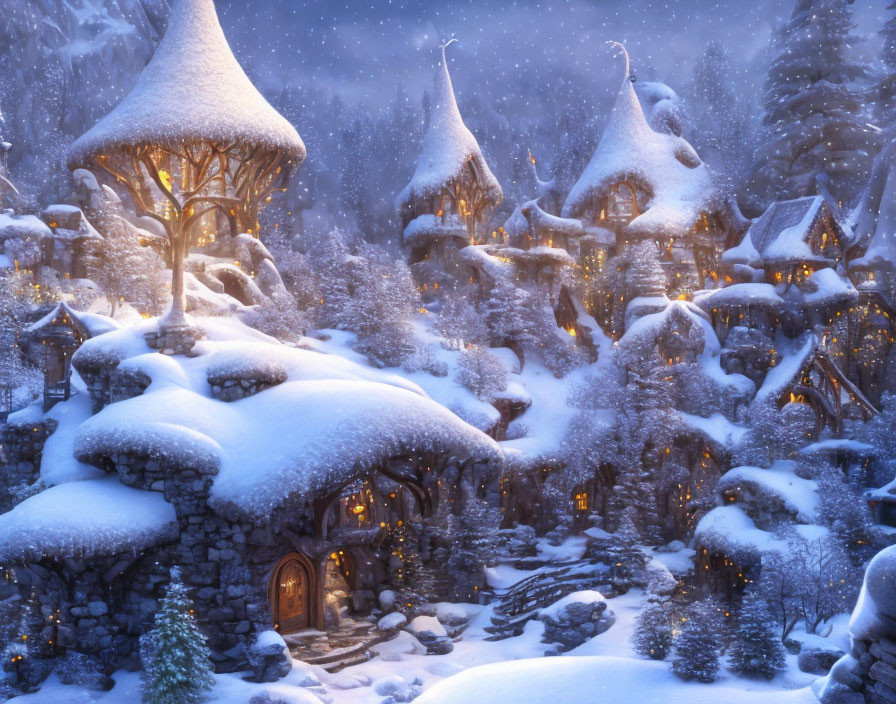 Snowy village with whimsical houses and glowing windows in twilight sky