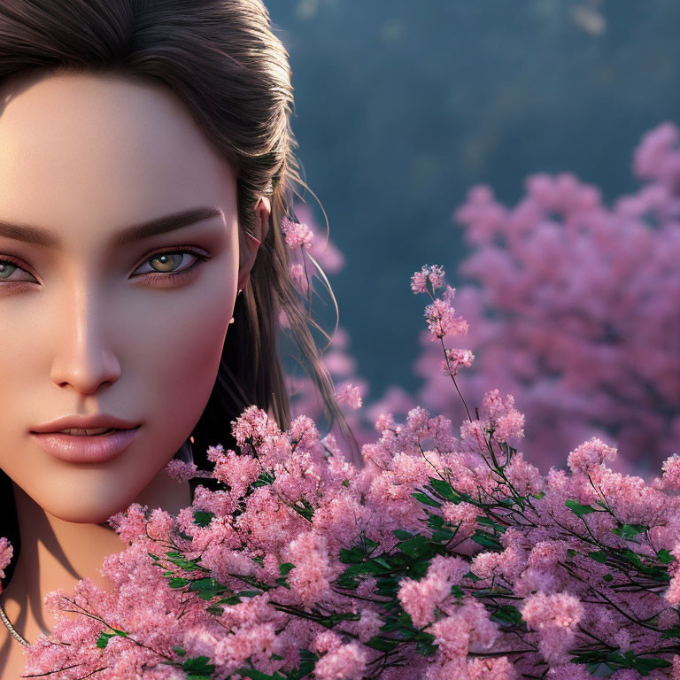 3D-rendered female with hazel eyes among pink flowers in sunlight