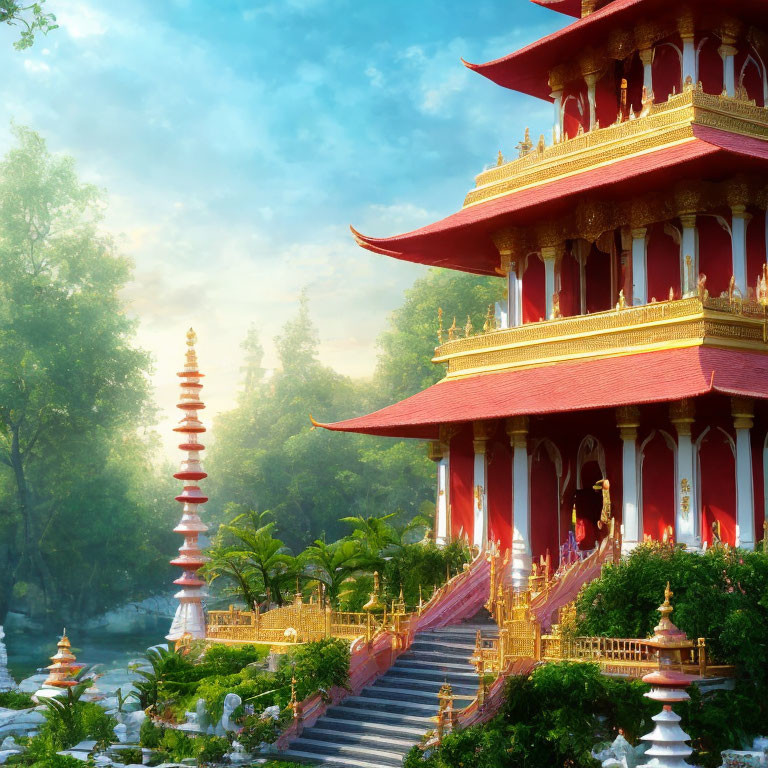 Traditional Asian Pagoda in Red and Gold Amidst Lush Green Landscape