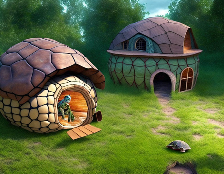 Illustration of person in turtle costume exiting turtle-shell house, with another shell house and turtle on grass