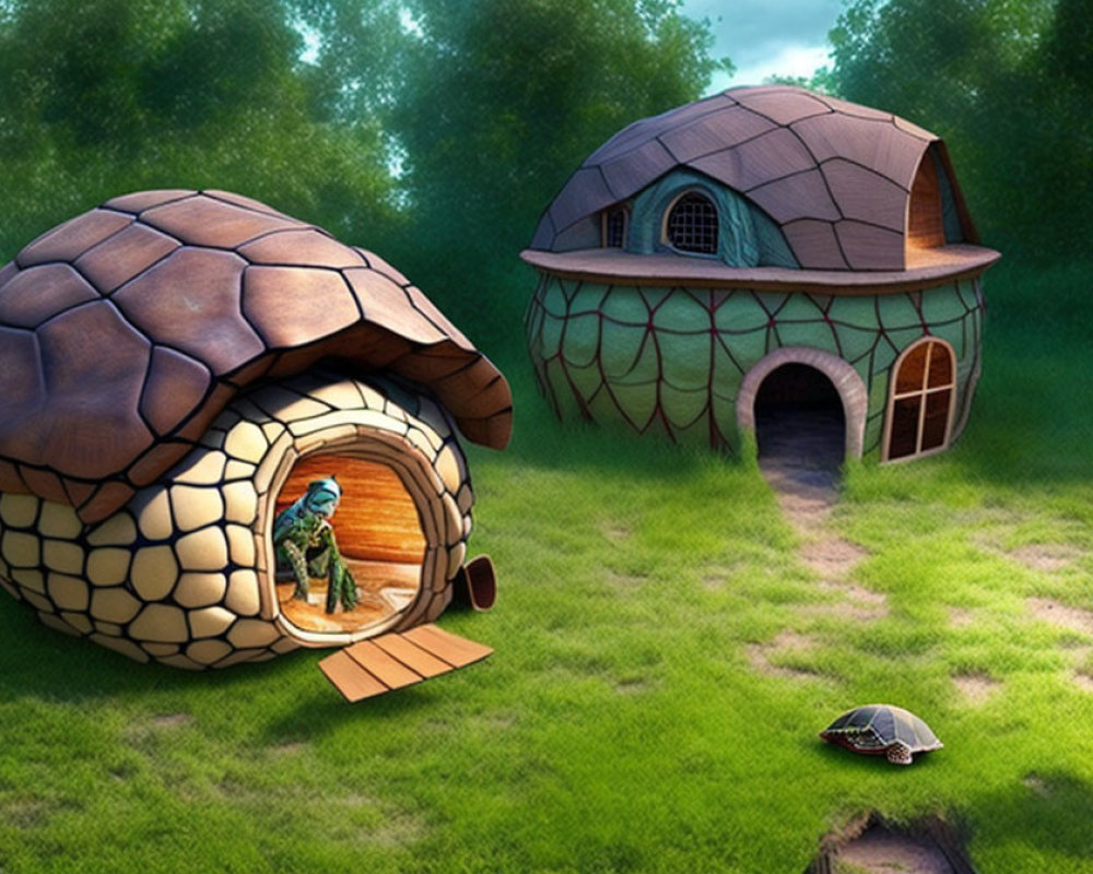 Illustration of person in turtle costume exiting turtle-shell house, with another shell house and turtle on grass