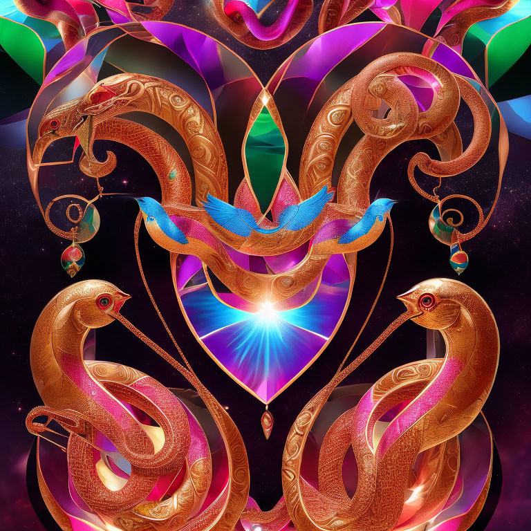 Digital Artwork: Intertwined Serpents, Blue Bird, Geometric Heart on Cosmic