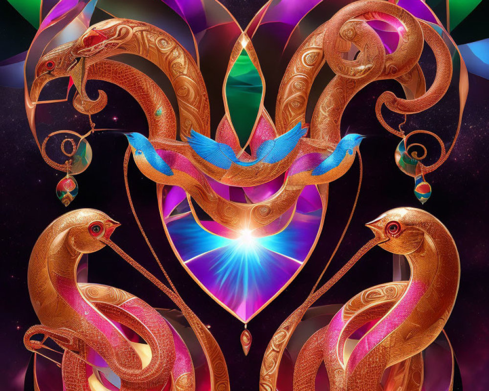 Digital Artwork: Intertwined Serpents, Blue Bird, Geometric Heart on Cosmic