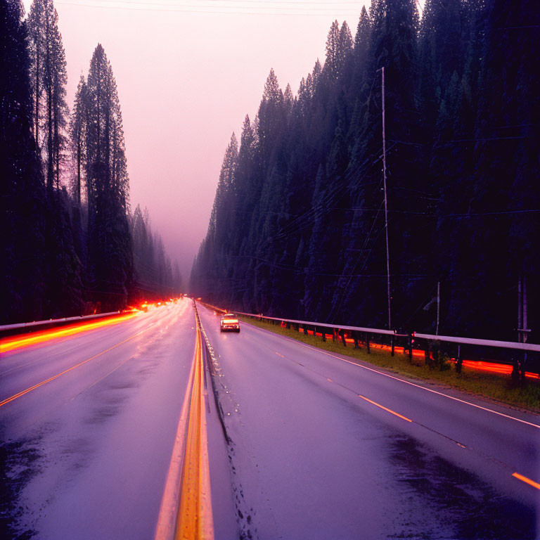 Vehicle drives on wet road at dusk with illuminated headlights and streaking tail lights.