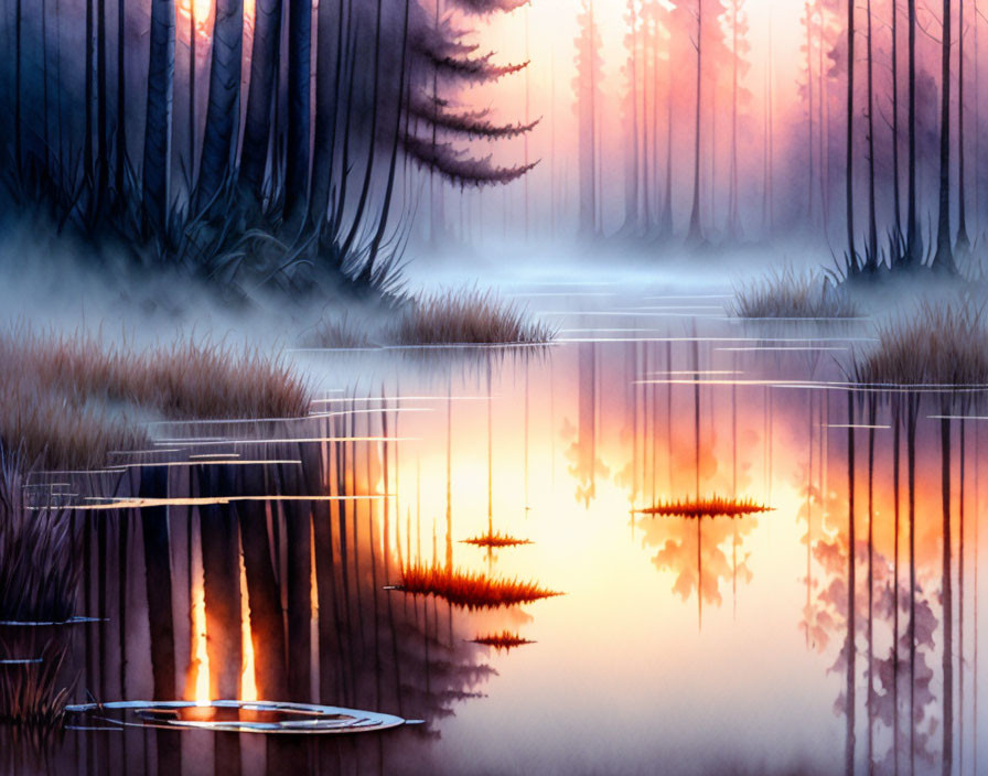 Misty forest digital art with vibrant hues at twilight