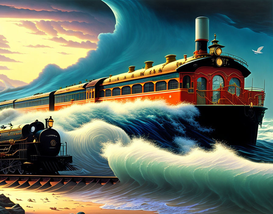 Vintage locomotive on tracks in wave-like form with dramatic sky