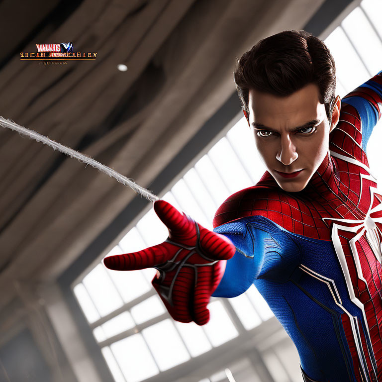 Detailed Spider-Man illustration in dynamic pose shooting web with focused gaze