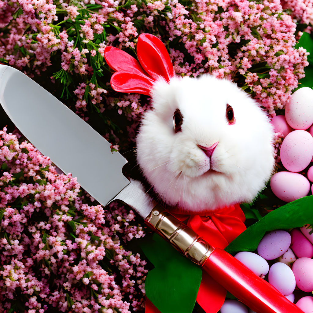 Plush bunny with red ears, knife, pink flowers, pastel Easter eggs