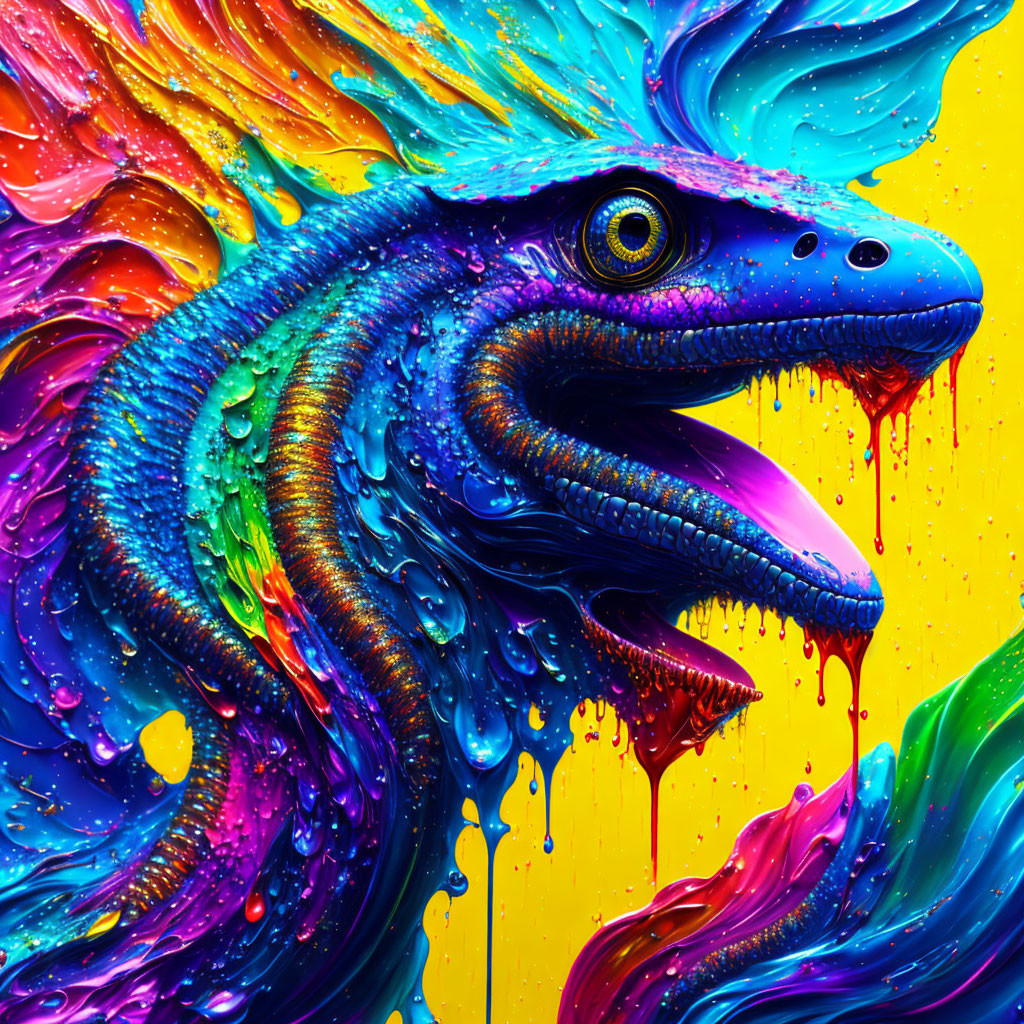 Colorful abstract chameleon creature on rainbow background